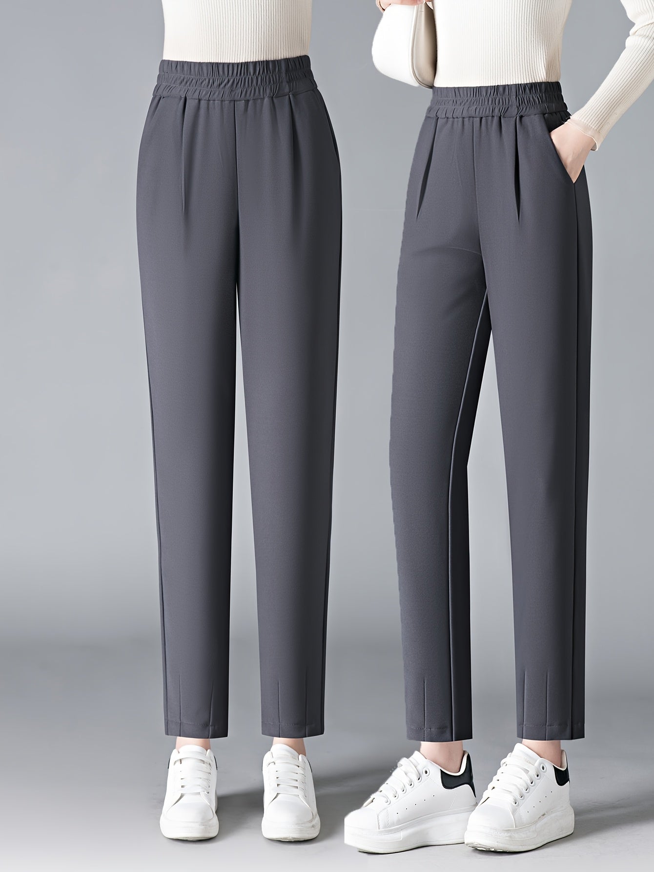 Women's Slimming High-Waist Harem Pants Brown Elastic Waist Straight Leg