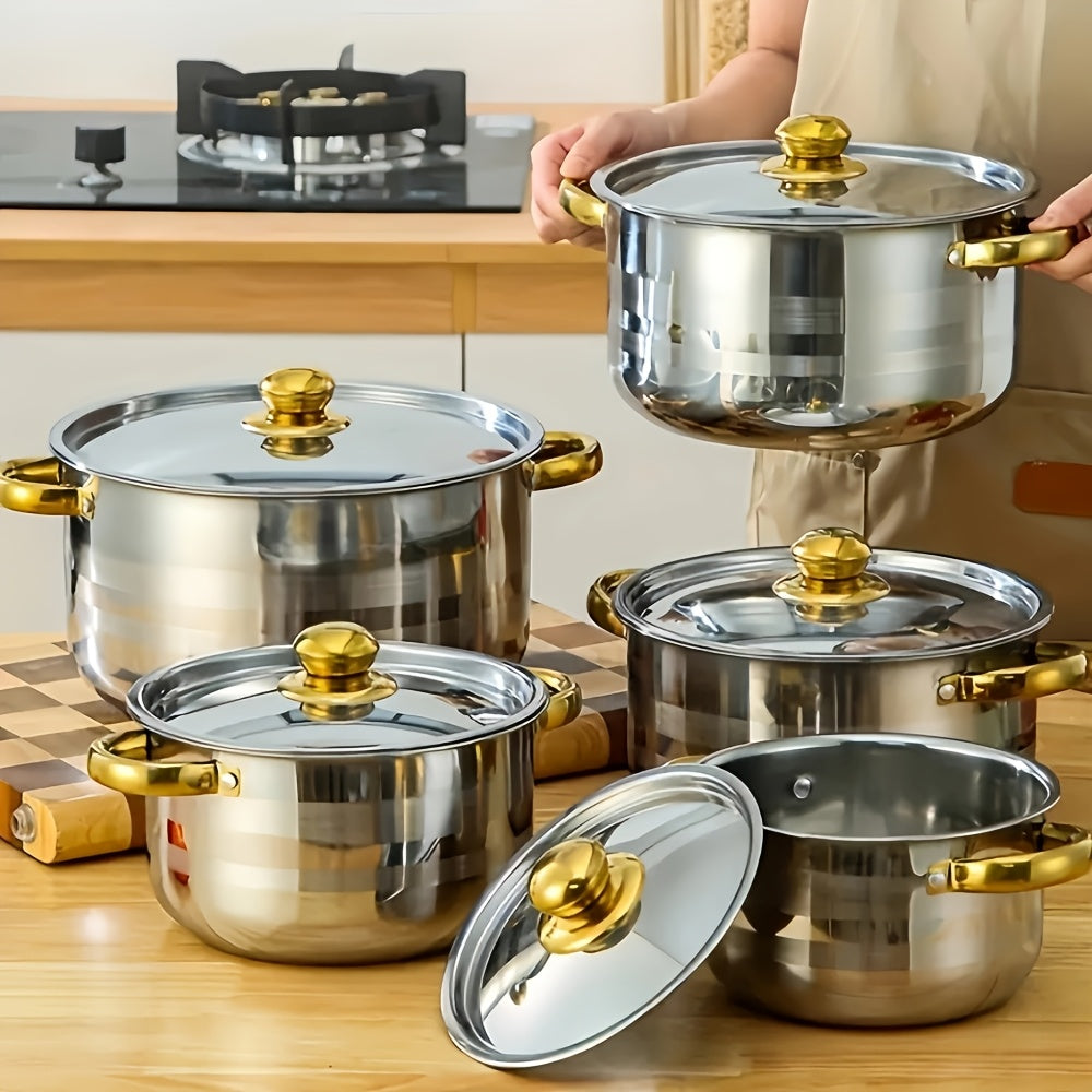 Set of 5 Stainless Steel Cookware Pots with Lids, Versatile, Suitable for All Stoves