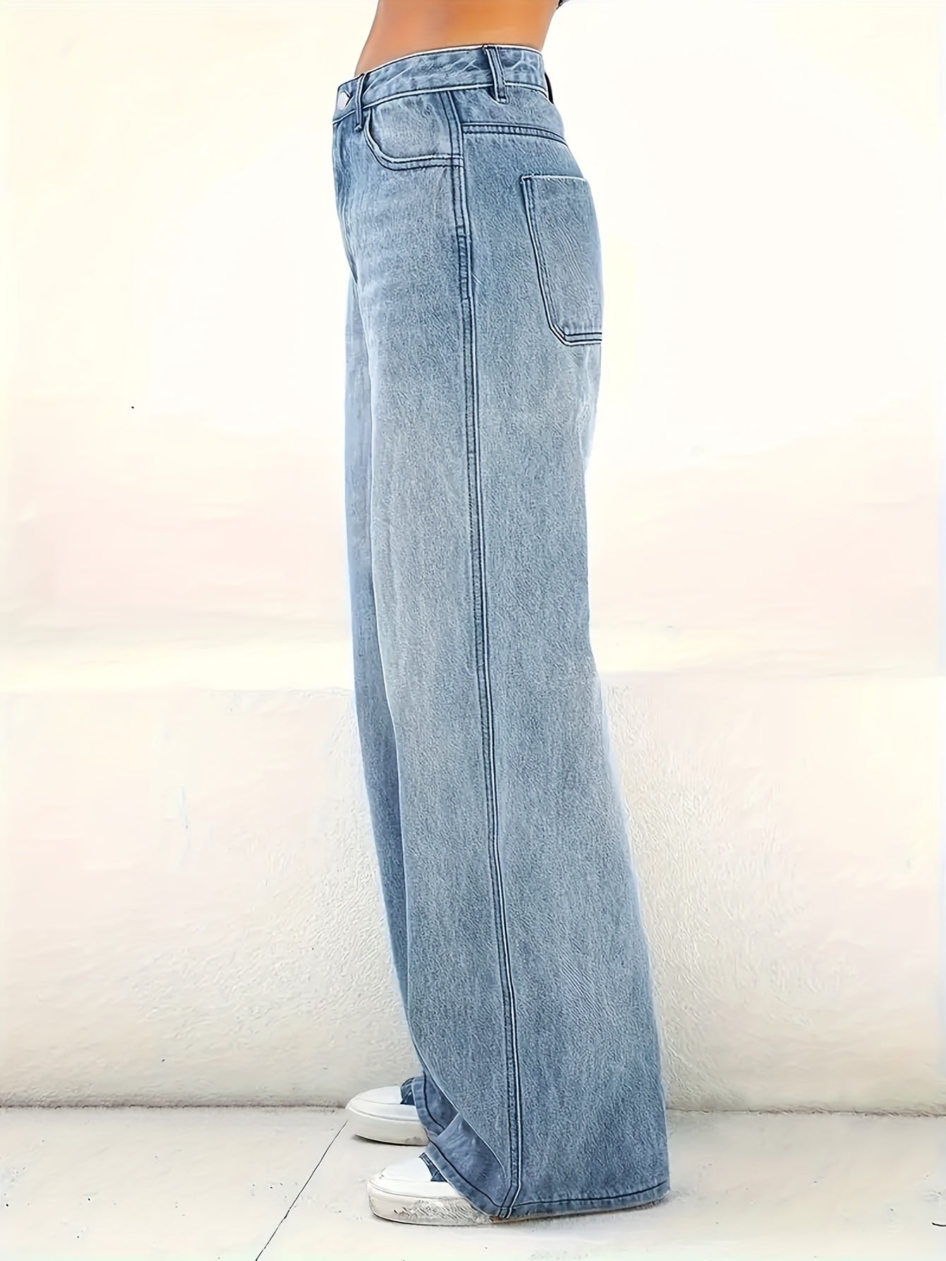 Women's Wide Leg Jeans in Washed Blue Denim Casual Long Fit