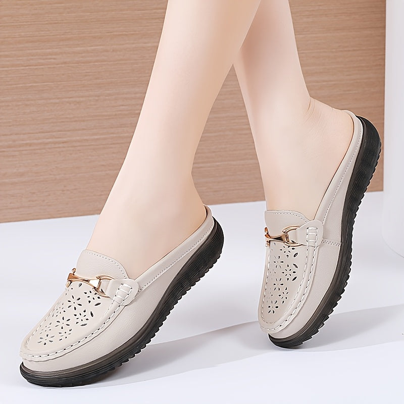 Women's Metal Buckle Mules, Flat Breathable Casual Shoes, Anti-slip