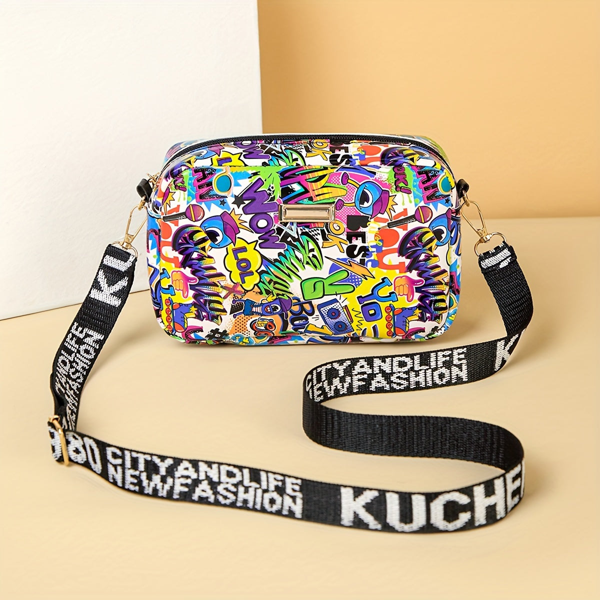 Women's Graffiti Print Crossbody Bag with Removable Strap Glitter Embellishment