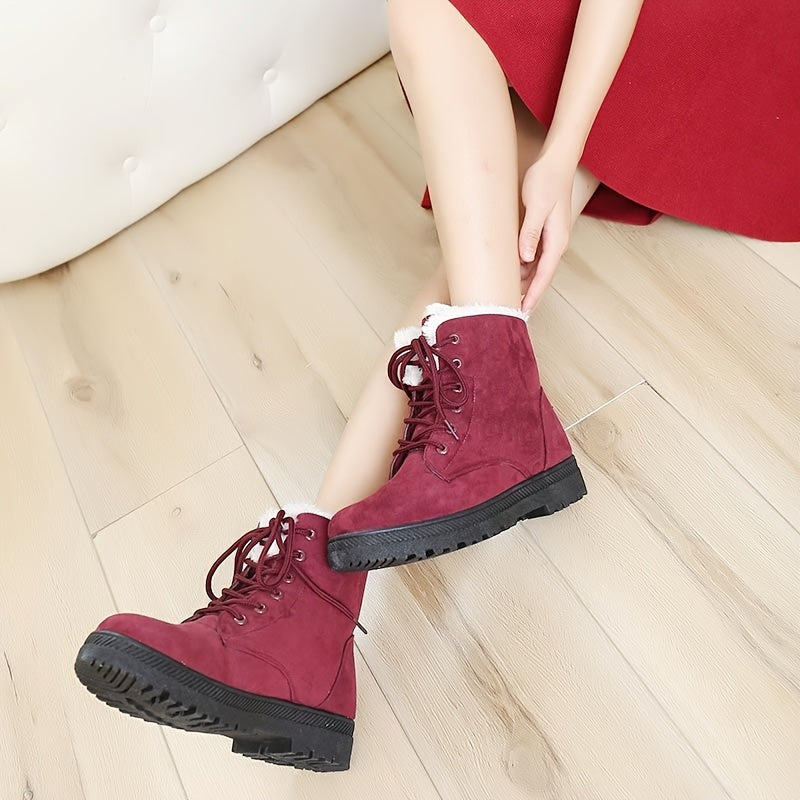 Women Winter Ankle Boots Black Slip-Resistant Flat Lace-Up Footwear