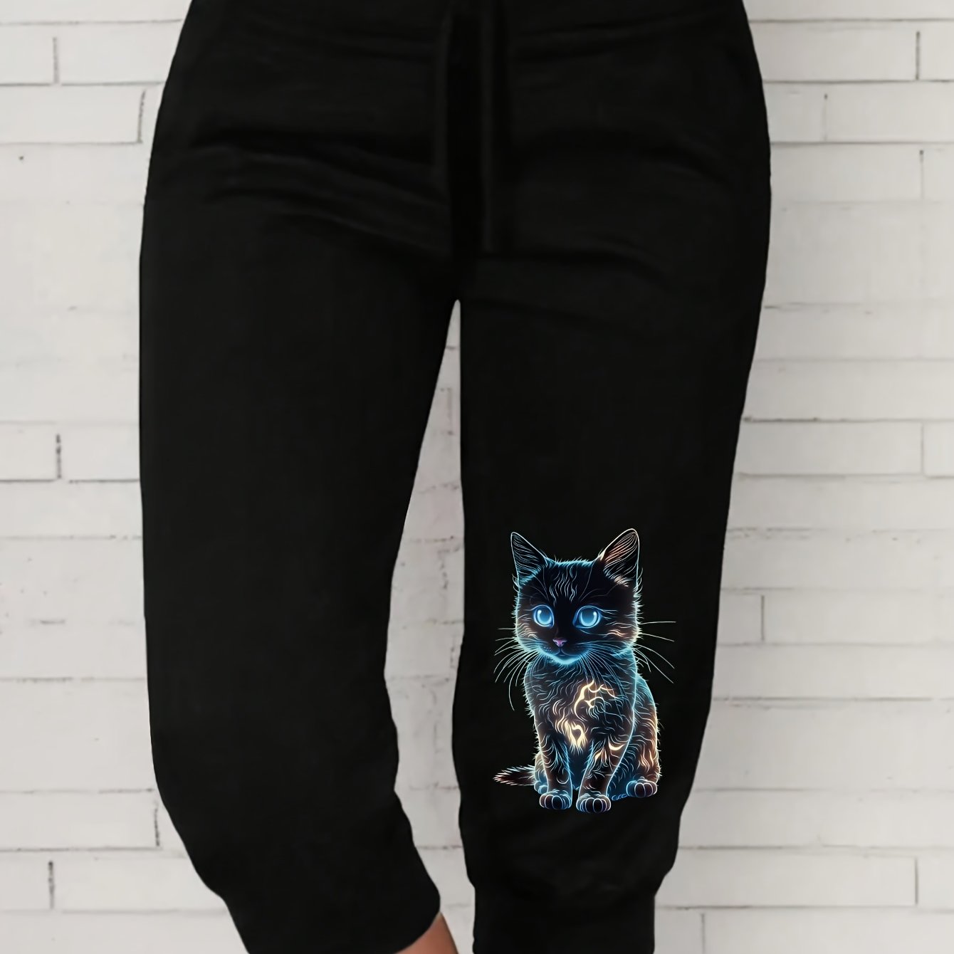 Pantalones joggers de talla grande para mujer negros con gráfico de gato azul y blanco, pantalones casuales tipo harem