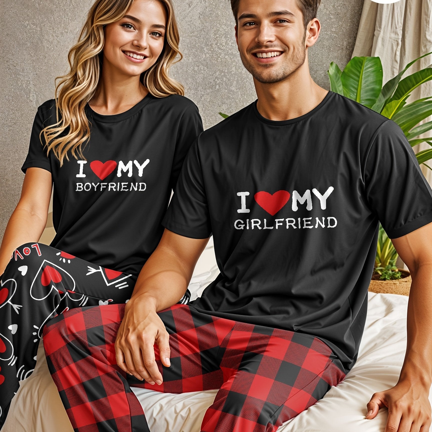 Men's and Women's Couple Pajama Set with "I Love My Girlfriend" T-Shirt and Red Checkered Pants