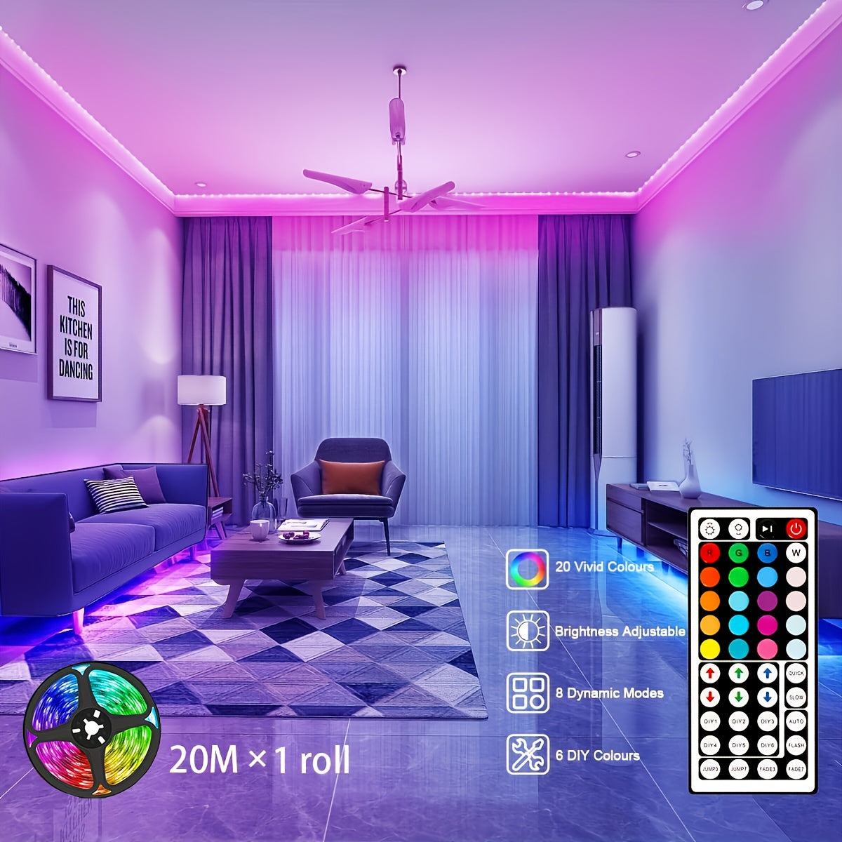 Wireless RGB LED Strip Light Dimmable Remote Control Decoration for Living Rooms