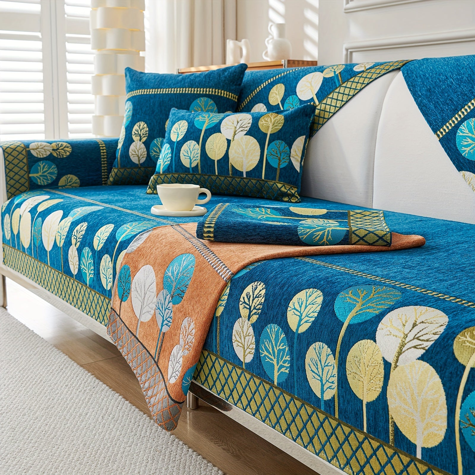 Bohemian Style Sofa Cover with Moonlight Forest Tree Pattern Non-Slip Machine Washable for Single to Quadruple Seat Sofas