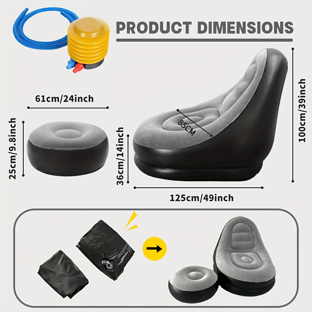 Ofisda uxlab olish va o'qish uchun oyoq qo'yish bilan shishiriladigan divan to'plami, oyoq pompasi bilan birga. PVC qoplama, maksimal og'irlik <100kg, elektr quvvati talab qilinmaydi.