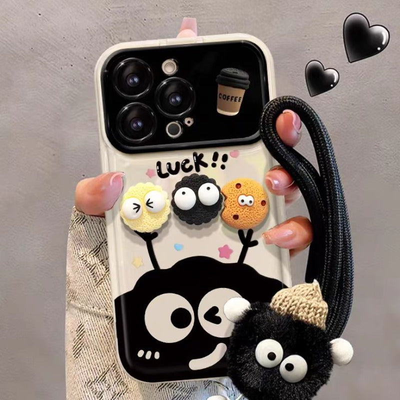 Large Window Flip Mirror Phone Case for iPhone with Coal Ball Coffee Doll Design Full Cover Edge Anti-Fall TPU