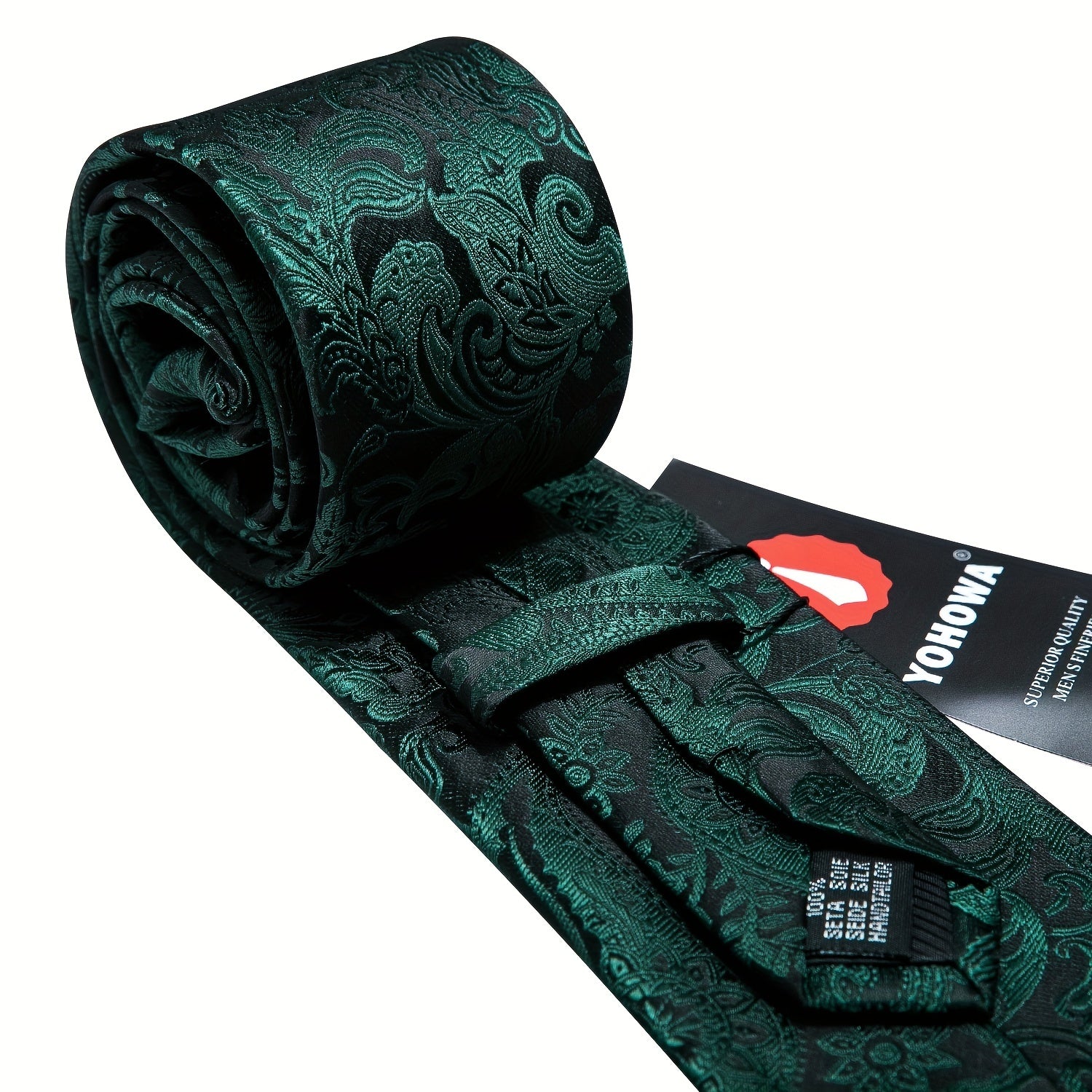 Men's Green Paisley Jacquard Tie Set with Pocket Square and Cufflinks for Weddings and Parties