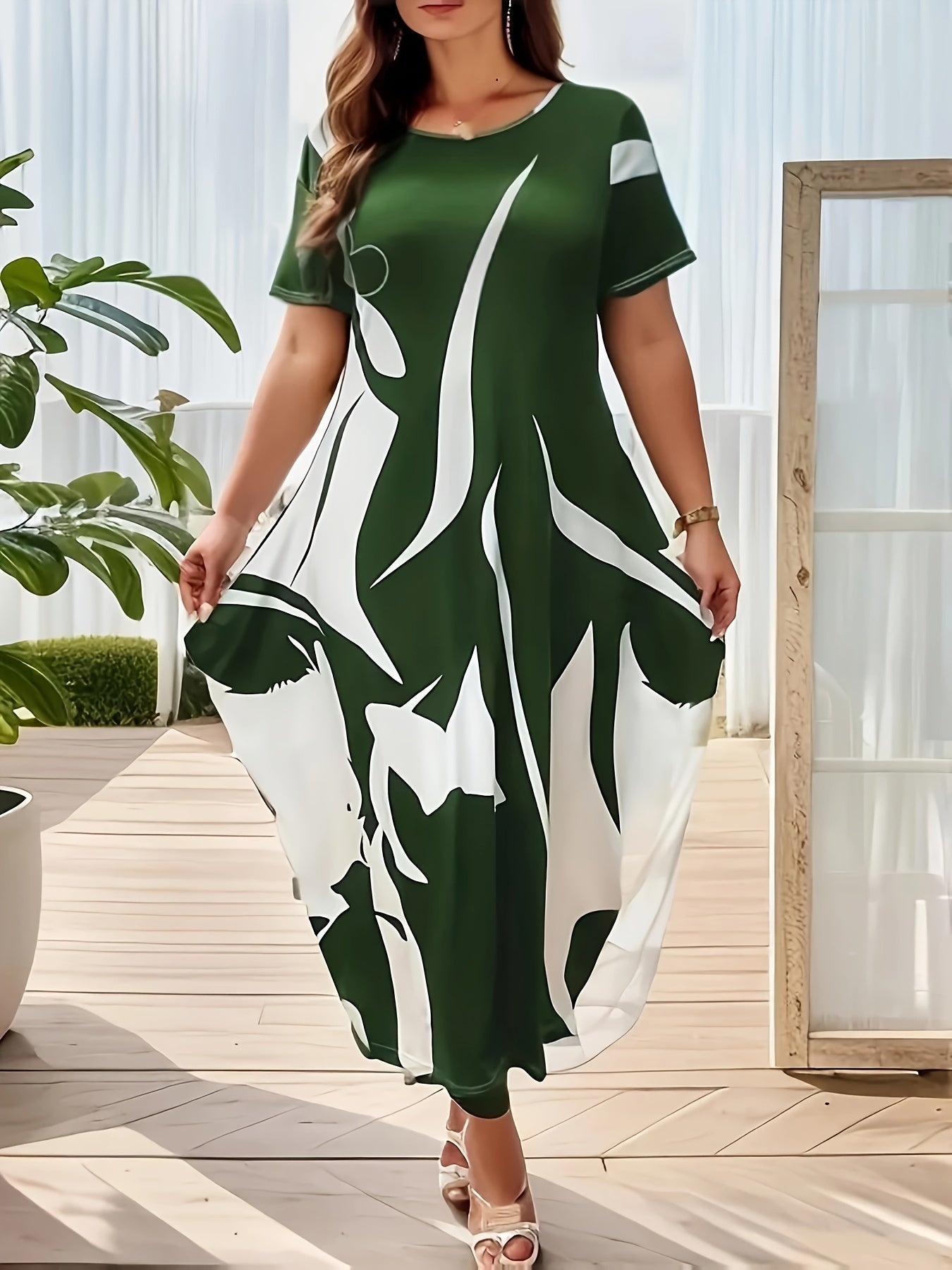 Ayollar uchun midi ko'ylak, tasodifiy krujka, qisqa yenglar, cho'ziluvchan mato, bahor/yaz uchun ideal