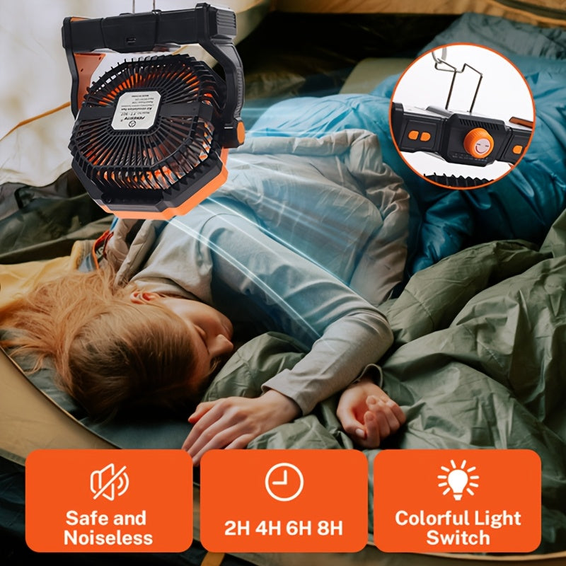 Qayta tiklanadigan portativ ventilyator LED chiroq bilan, yuqori shamol, USB orqali zaryadlash, sayohat, baliq ovlash, ichki foydalanish uchun osib qo‘yish mumkin