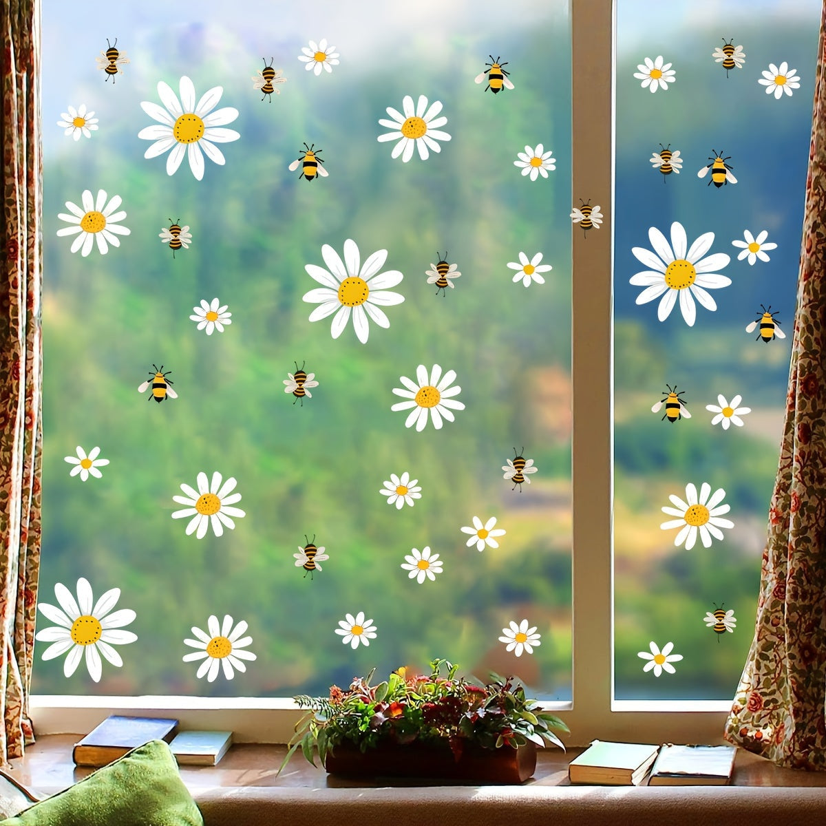 Contemporary Daisy and Bee Window Stickers Set of 3 Self-Adhesive PVC Decals
