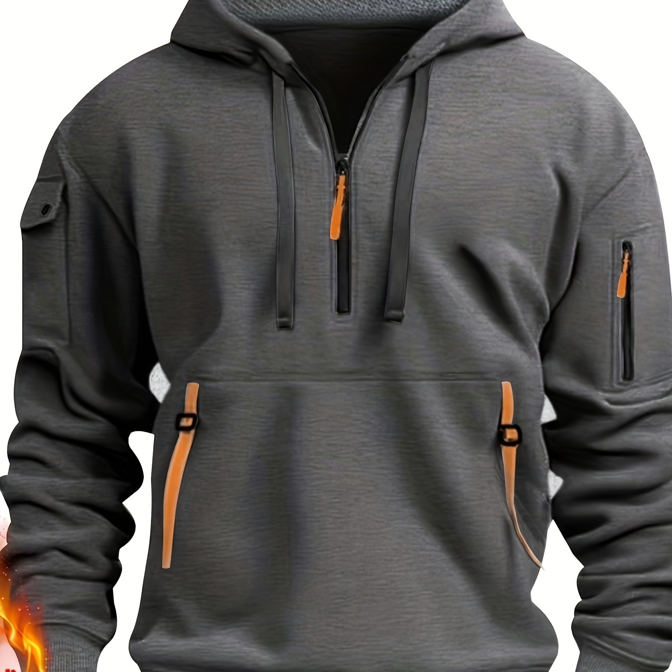 Мужская толстовка с капюшоном с флисовой подкладкой темно-синего цвета с карманами на молнии, спортивная с V-образным вырезом для осени и зимы