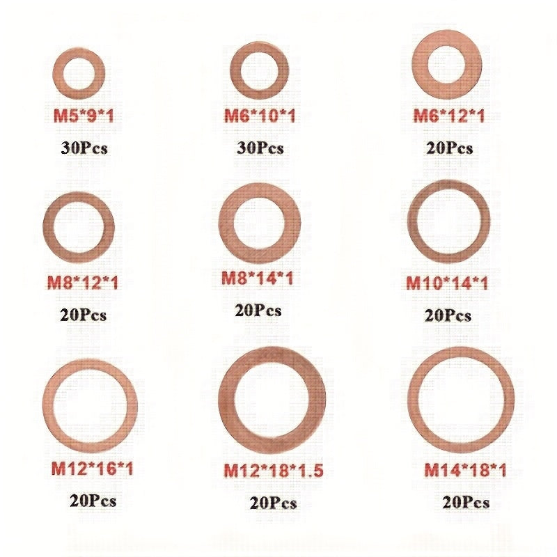 200Pcs Copper Flat Ring Seal Kit Universal Gasket for Automotive Repairs