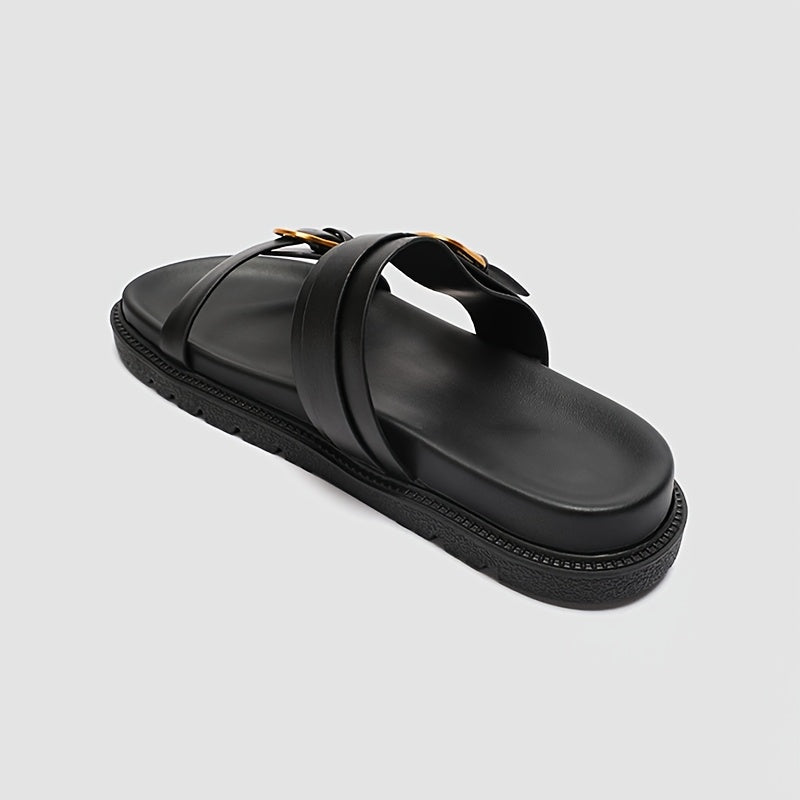 Women's Black Flat Sandals with Buckle Closure, Round Toe, Thick Sole
