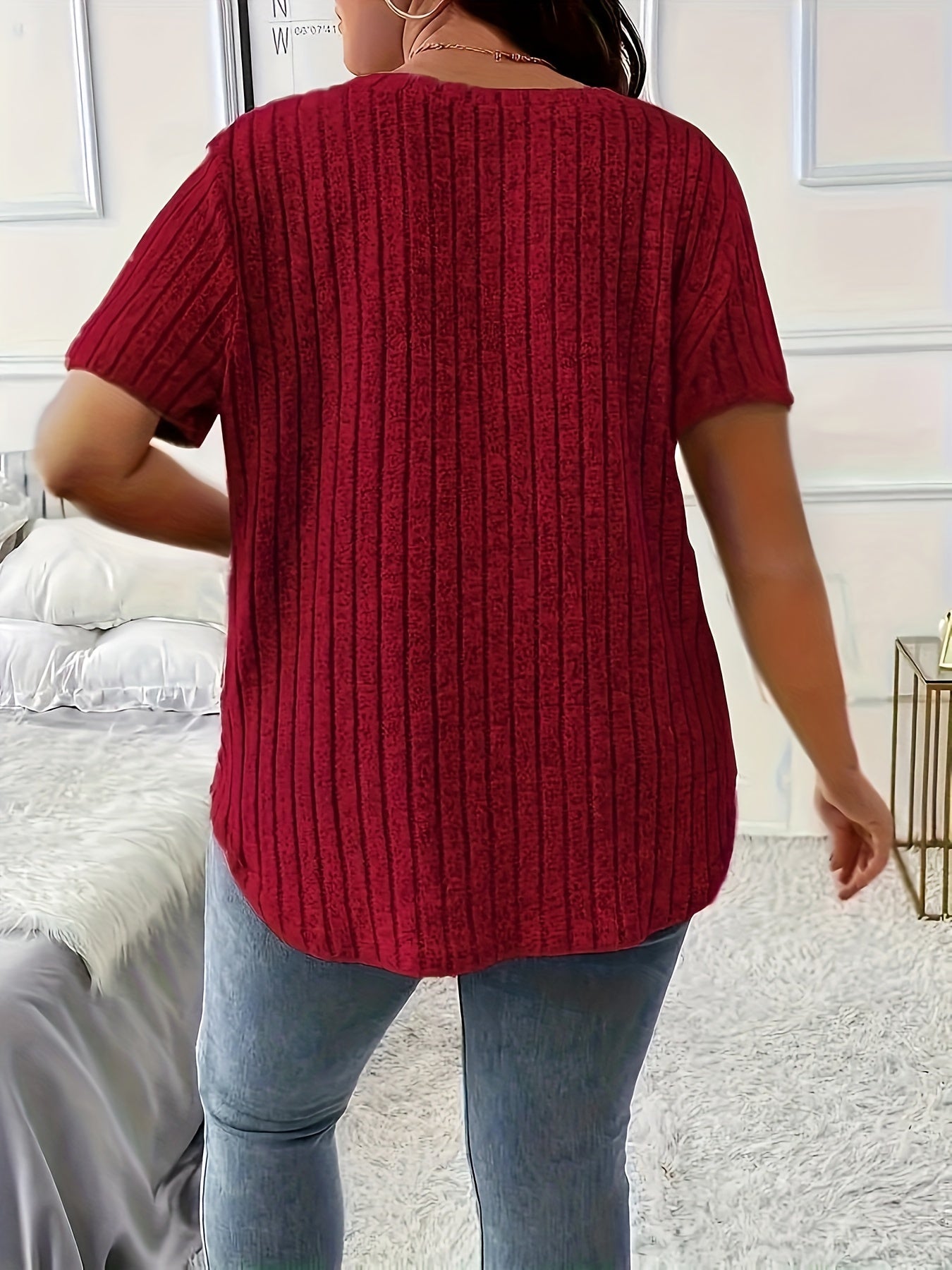 Plus Size Solid Color Ribbed T-Shirts for Women Pack of 3 Short Sleeve V-Neck Tops