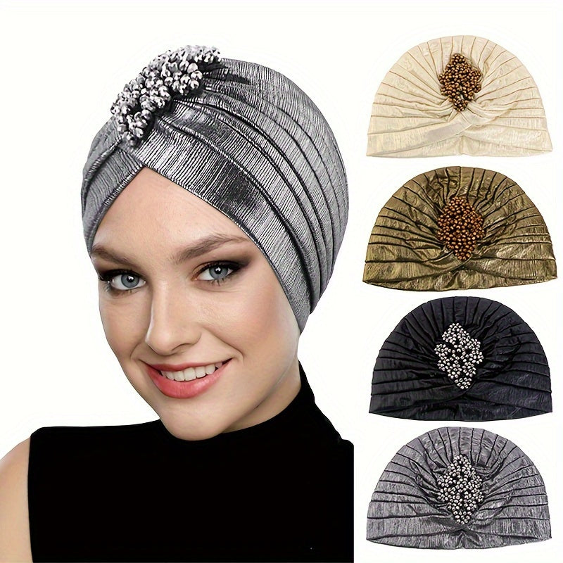 Elegant Gold Headscarf with Vintage Pleats and Diamond-Shaped Jewels, Embossed Indian and Arabian Ethnic Hats