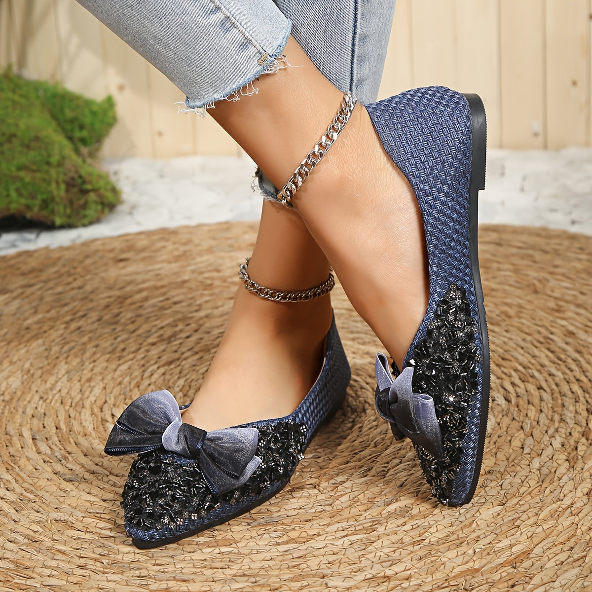 Women's Glittery Sequin Slip-On Flats with Bowknot and Non-Slip Sole