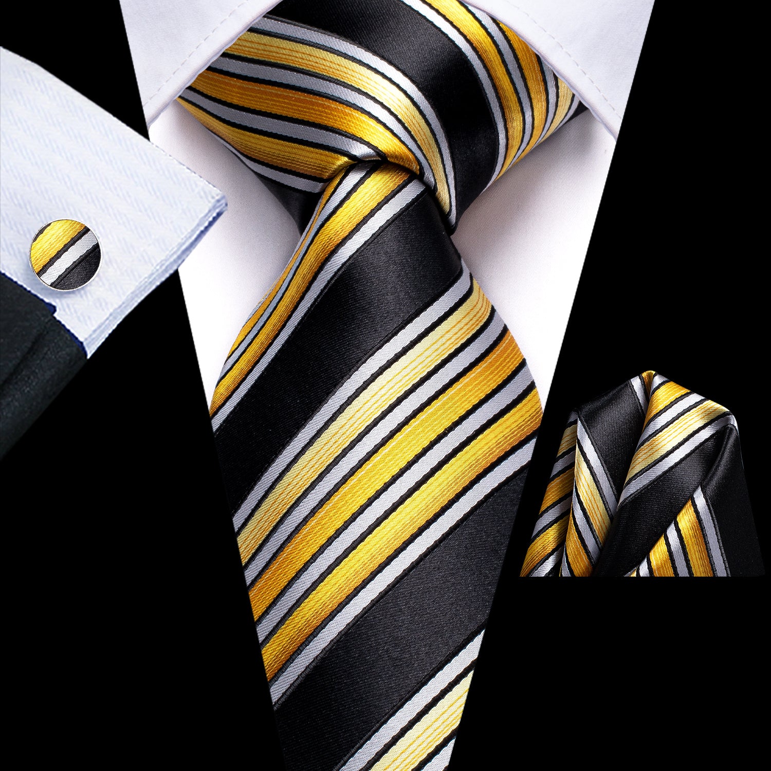Striped Necktie Set with Cufflinks for Business, Parties, Weddings