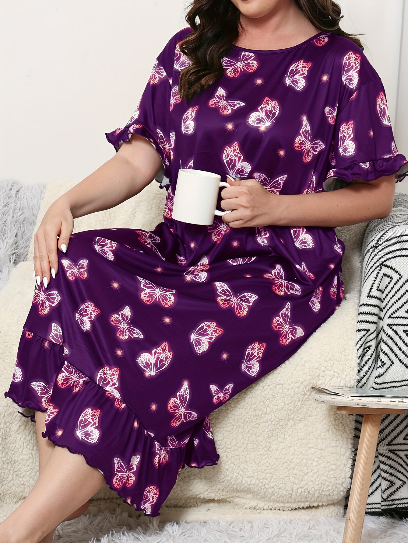 Plus Size Women's Butterfly Print Sleep Dress Short Sleeve Nightgown Loungewear