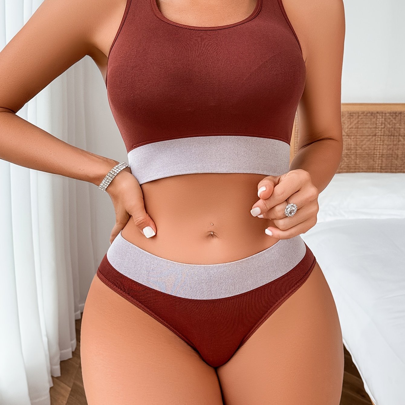 Women's Seamless Color Block Lingerie Set with Tank Bra and Panties
