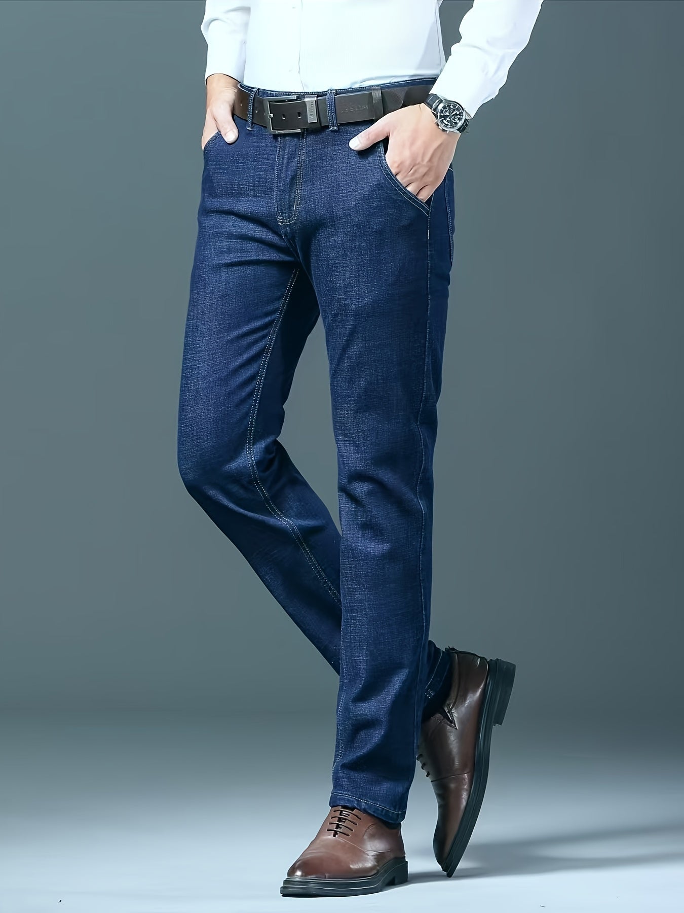 Men's Dark Blue Slim Fit Jeans Casual Pants for Autumn Winter All-Season