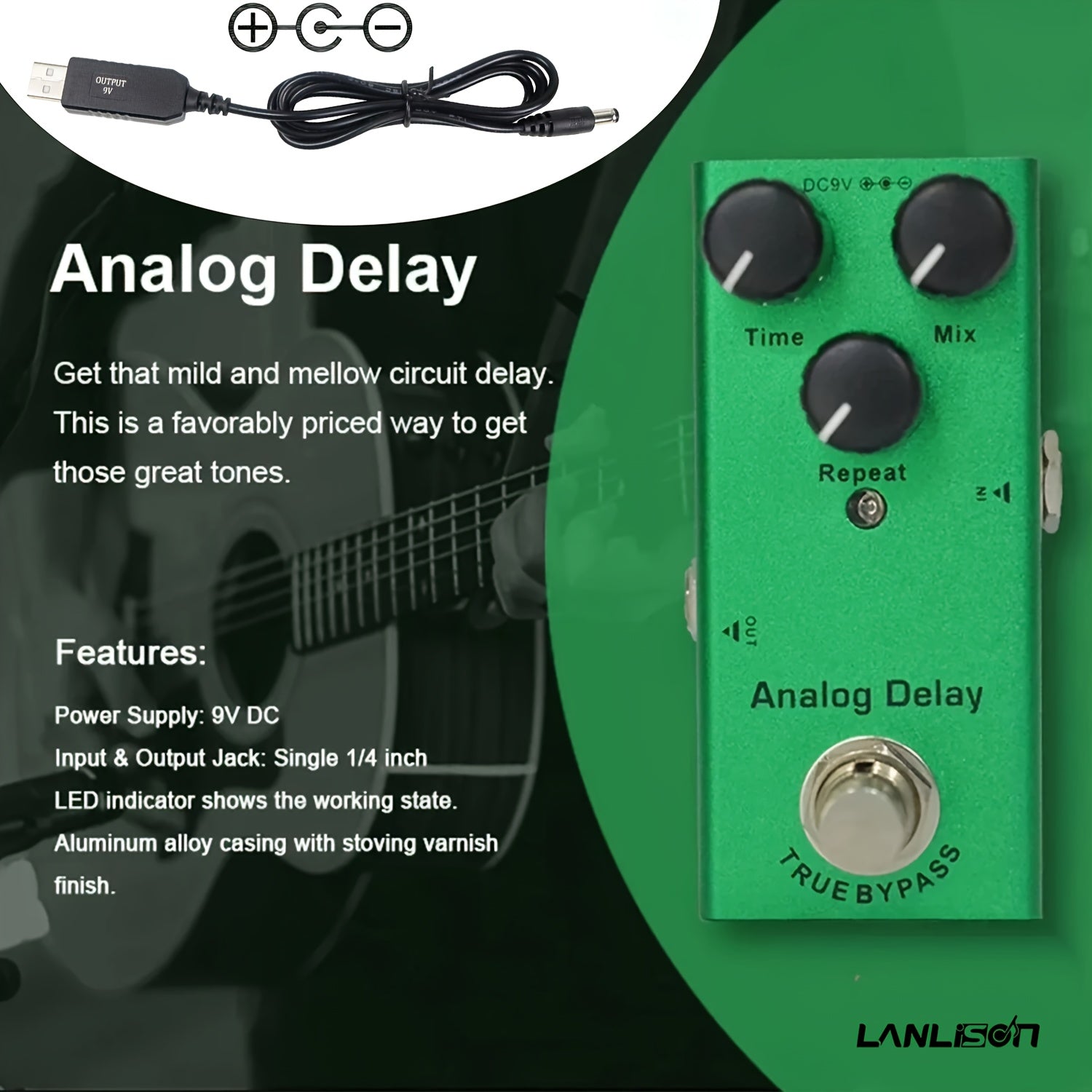 Analog Delay Pedal for Electric Guitar True Bypass USB Boost Cable Dark Green