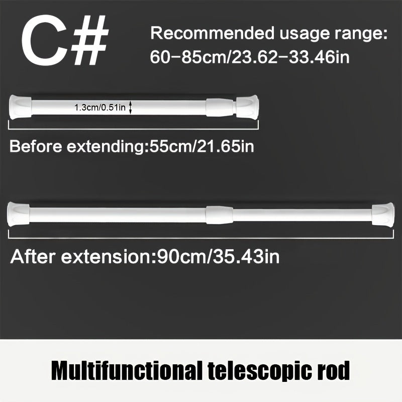 Turli joylarda oson o'rnatish uchun sozlanadigan spring kuchi bilan ko'p maqsadli metall pardalar tayoqchasi.