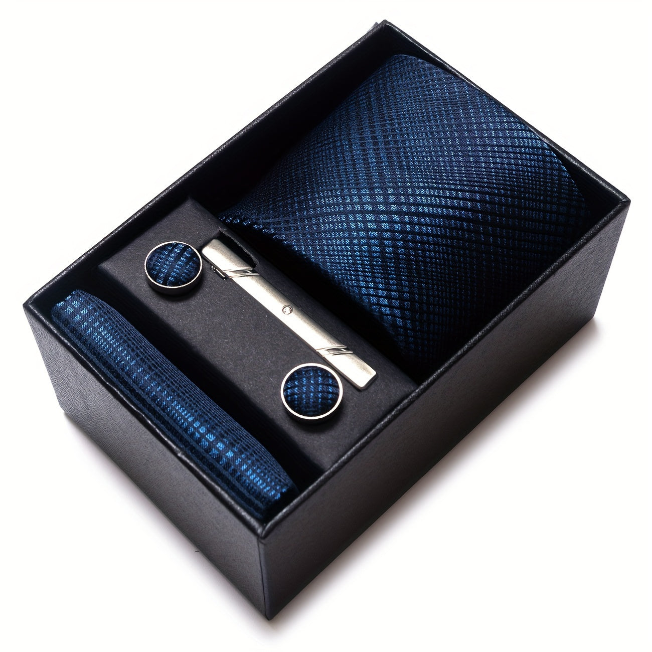 Men's Blue Tie Set with Pocket Square Cufflinks and Tie Clip for Weddings and Occasions