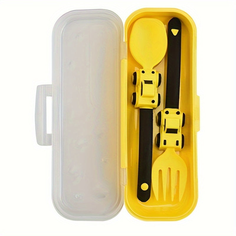 Juego de utensilios con tema de vehículo de ingeniería para niños con tenedor y cuchara, material PP libre de BPA, apto para lavavajillas, con caja de almacenamiento