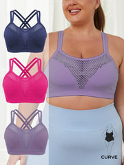 Plus Size Women's Cross-Back Sports Bras Mesh Panel Breathable Workout Set