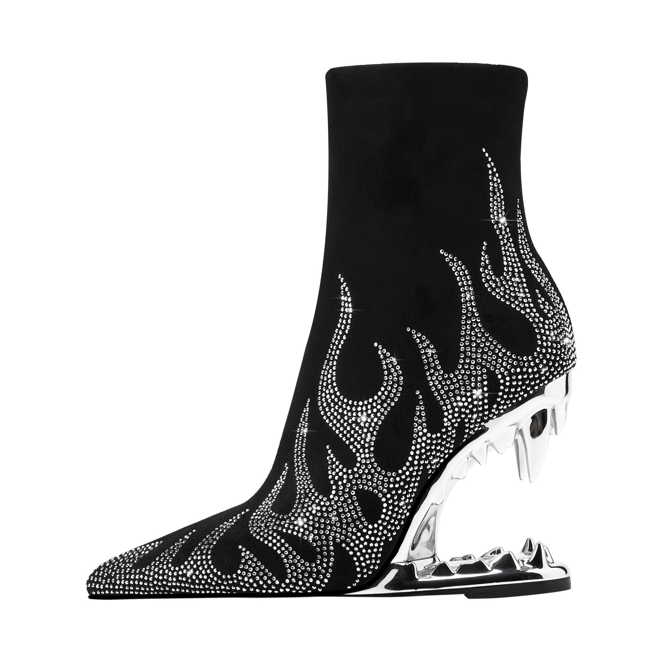 Women's Black Pointed Toe Ankle Boots with Rhinestones and Zipper