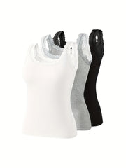 Uch nafar ayol uchun polyester to'qima matosidan tayyorlangan, mustahkam ranglarda, yengsiz tank top, yostiqsiz, kattalar uchun uyqu kiyimlari va uy kiyimlari uchun mos.