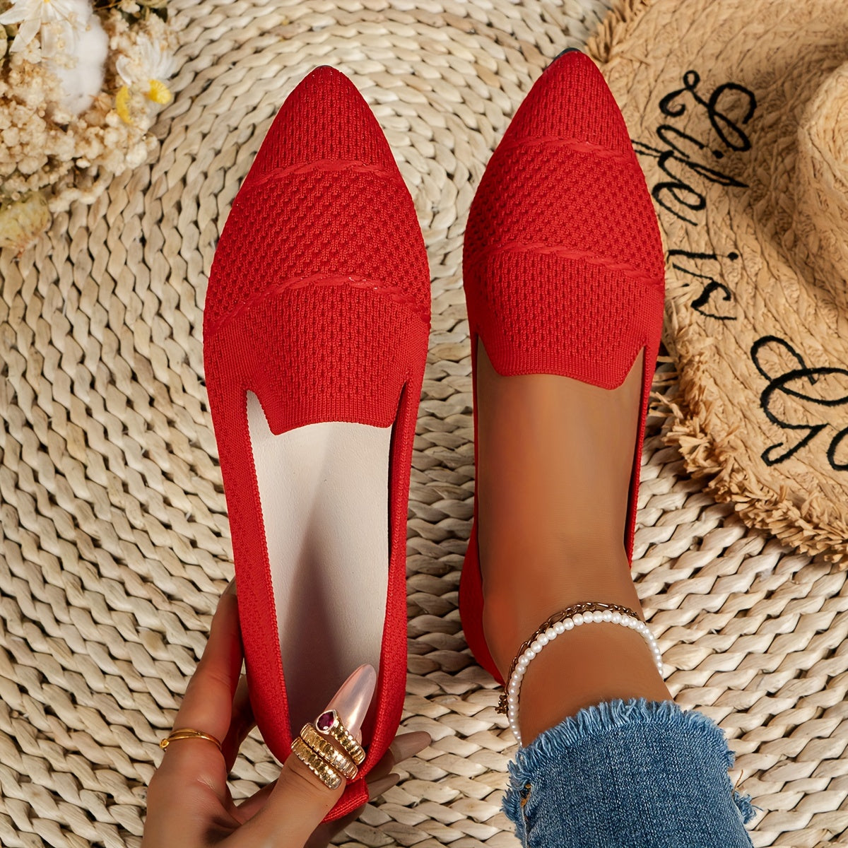 Women's Pink Slip-On Pointed Toe Flats Breathable Fabric All-Season Shoes