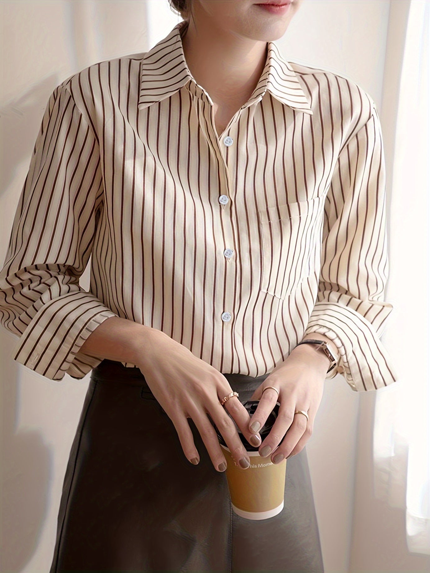 Beige Striped Long Sleeve Blouse with Button-Up Front for Casual Wear