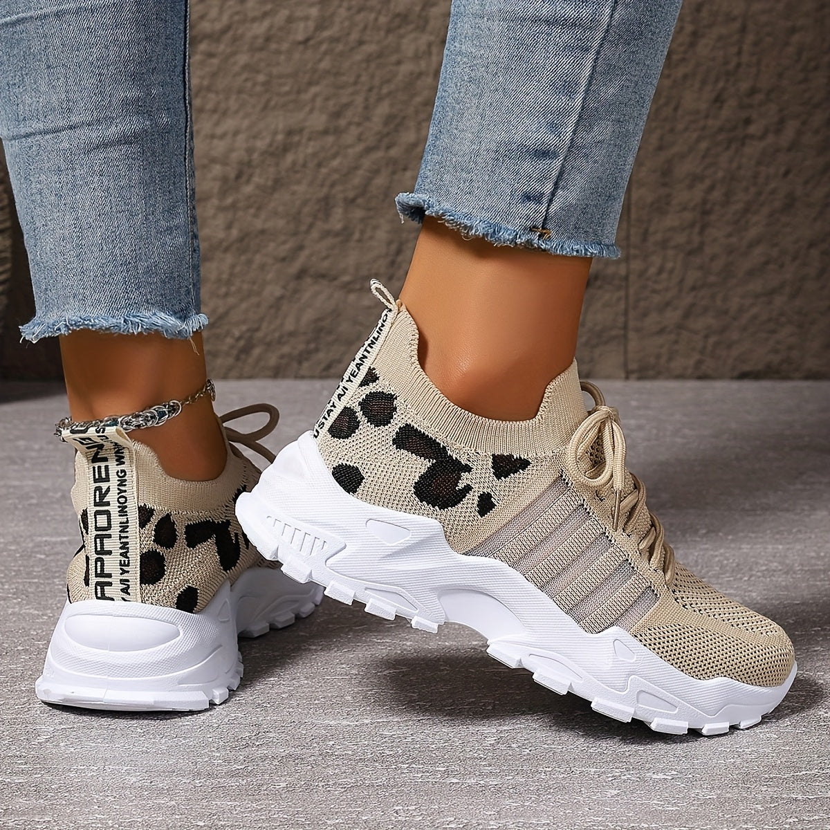 Plus Size Women's Leopard Print Breathable Mesh Sneakers for Walking and Casual Wear