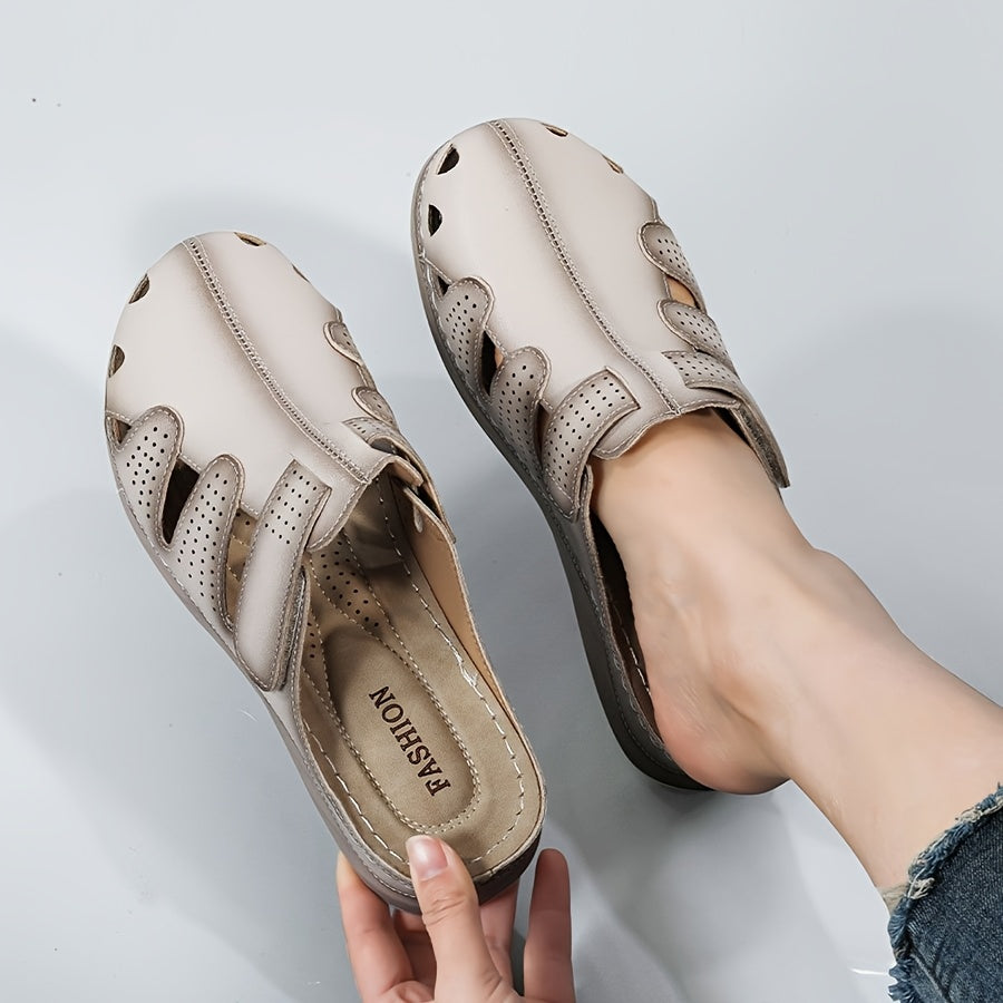 Women's Perforated Leather Slides with Wedge Heel and Anti-Slip Sole