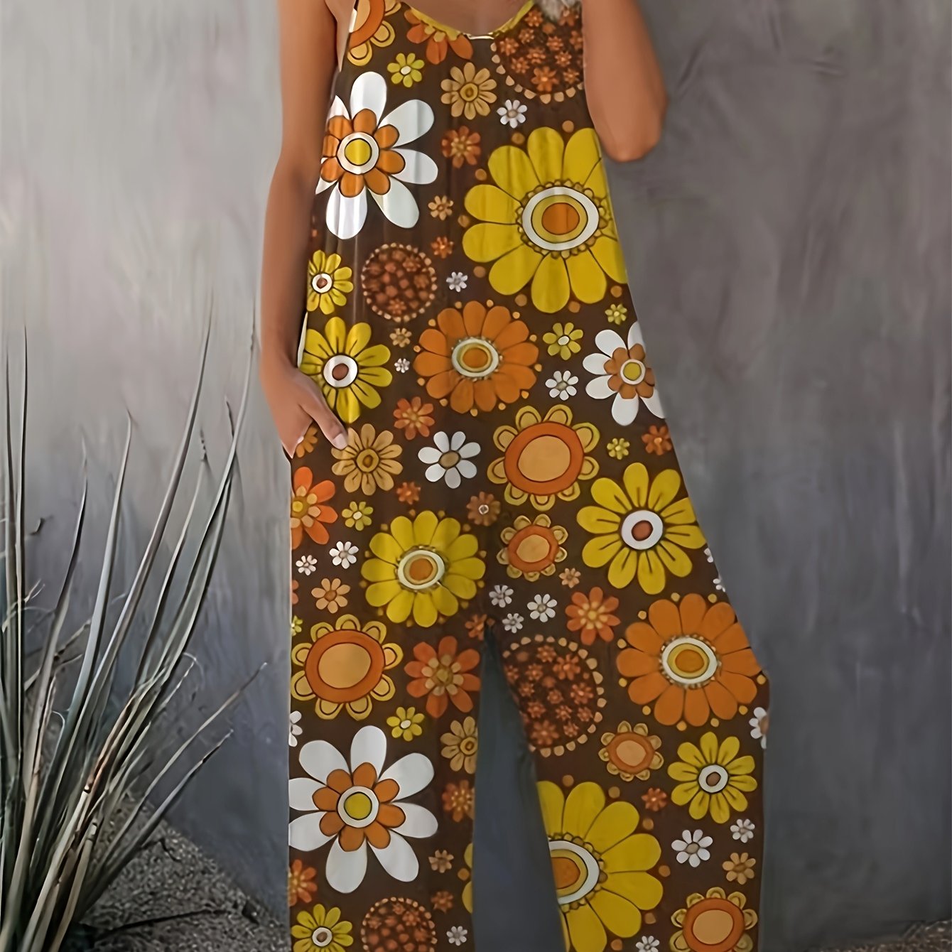 Женский комбинезон с цветочным принтом в стиле бохо, с тонкими бретелями, открытыми плечами, летний ромпер plus size