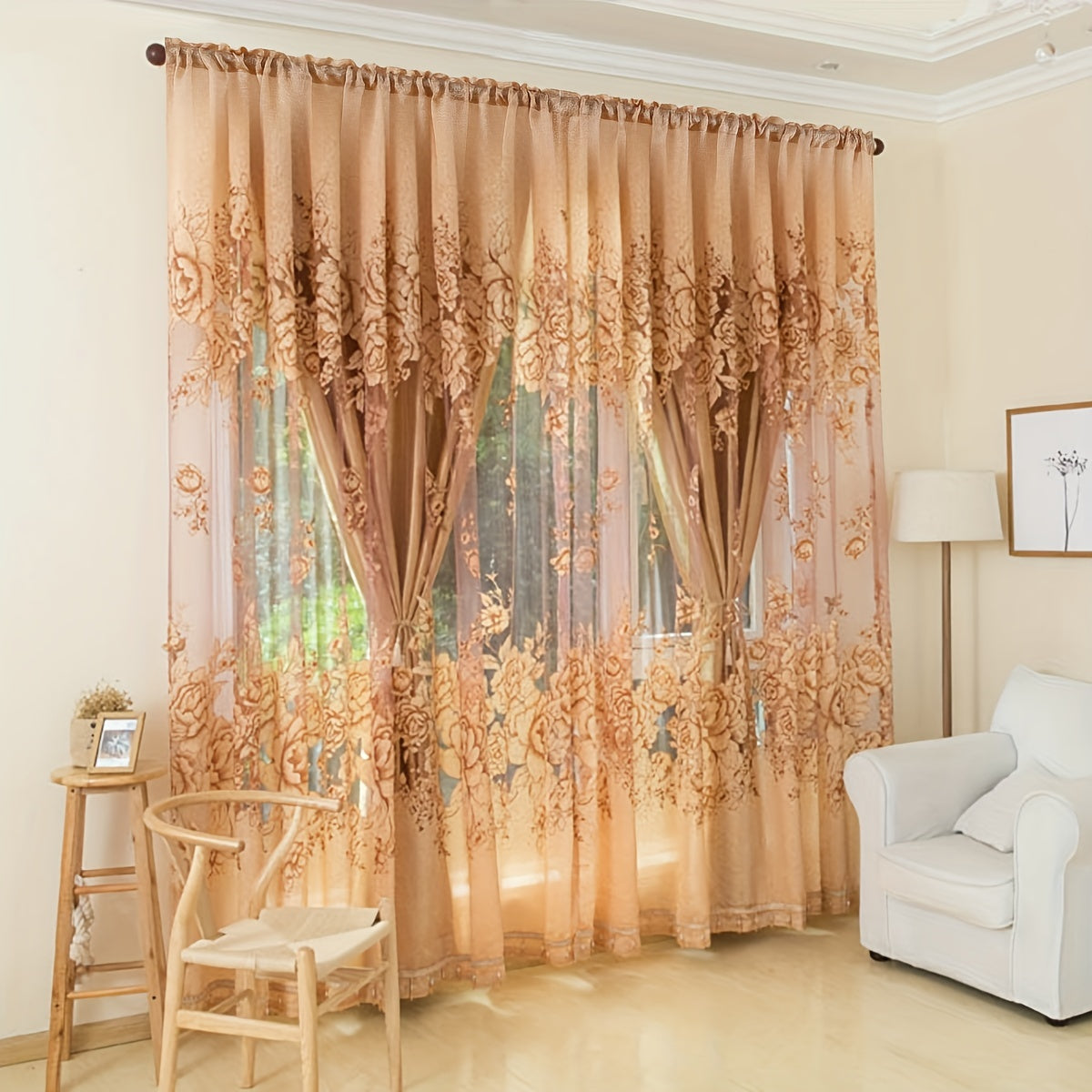 Sheer Curtain with Flower Pattern Translucent Rod Pocket Living Room Decor