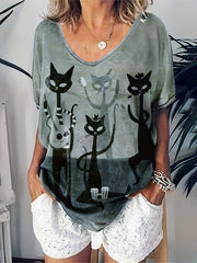 Women's Oversized V-Neck T-Shirt with Cartoon Cat Print Polyester Elastane All-Season Knit