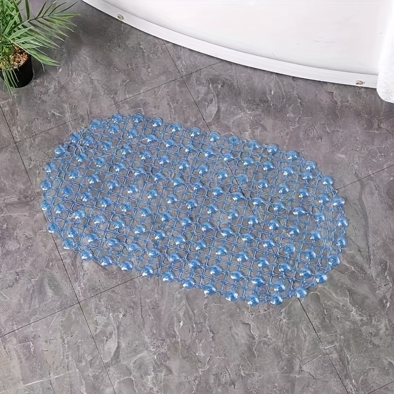Blue PVC Oval Non-Slip Bath Mat Water Bead Design Soft Comfortable Hand Washable