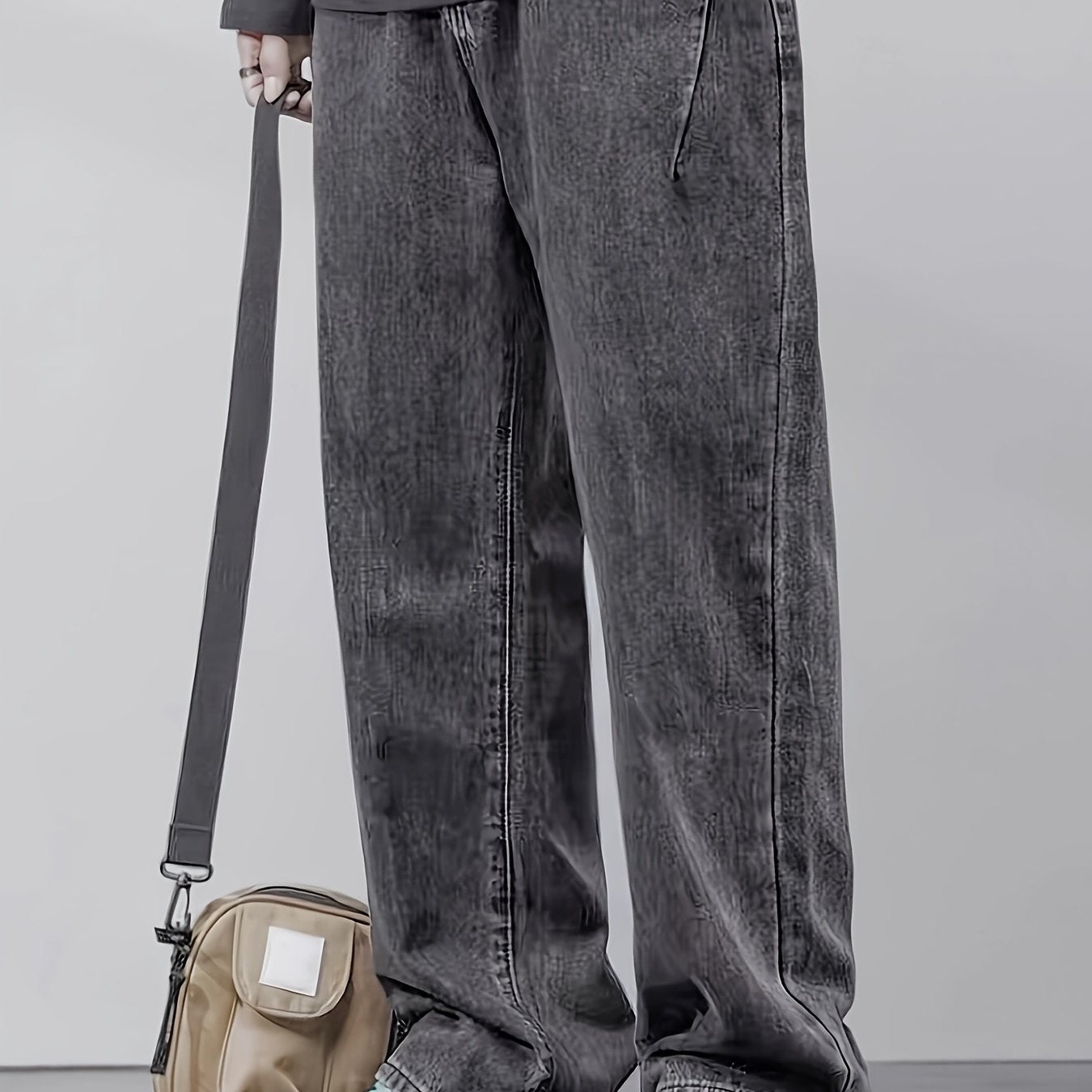 Men's Black Washed Denim Pants Loose Fit All-Season Casual with Fold Design