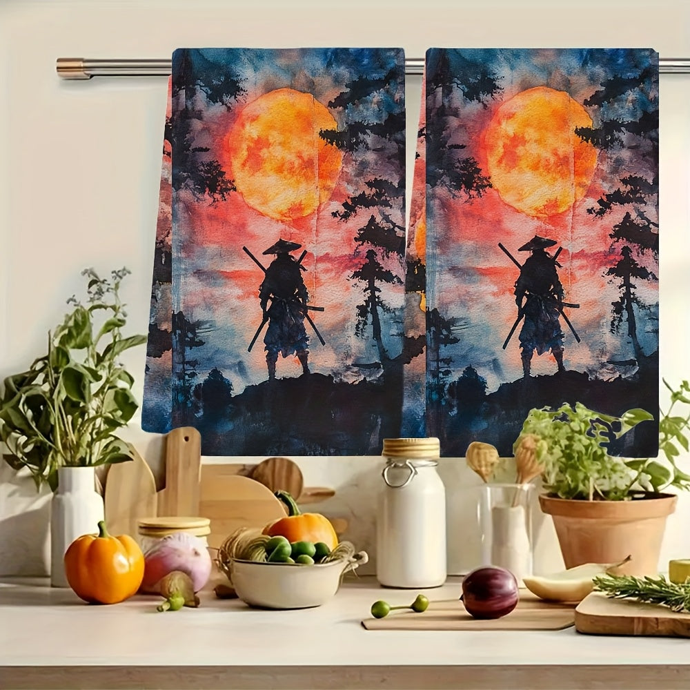 Juego de 2 toallas de cocina ultra suaves, diseño Sunset Samurai, altamente absorbentes, 40.64x60.96 cm
