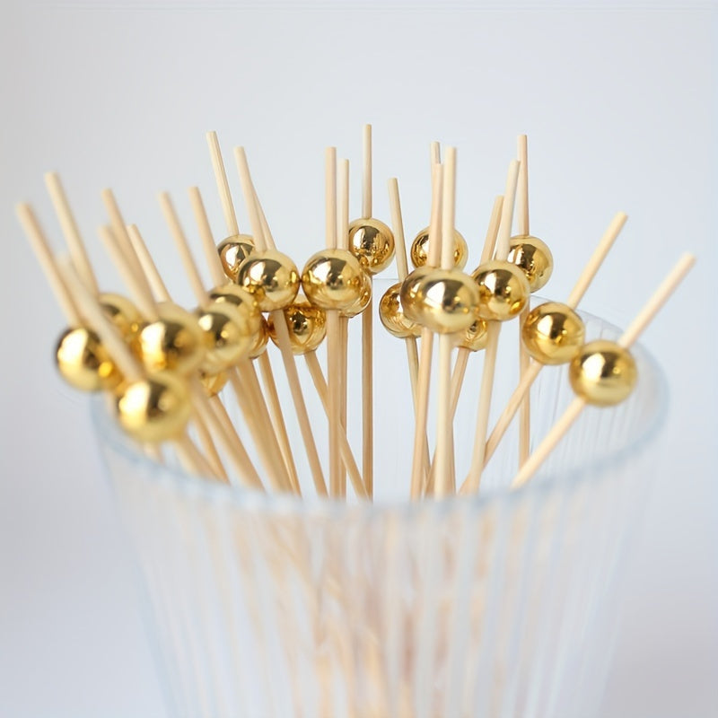 Bamboo Cocktail Picks with Golden Pearls for Fruit Cake Snacks and Appetizers