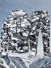 Men's Camo Hooded Sweatshirt and Pants Set for Outdoor Activities in Fall Winter 100% Polyester Drawstring 3D Printing
