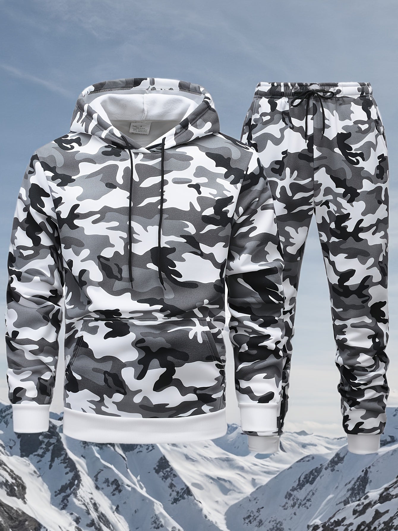 Men's Camo Hooded Sweatshirt and Pants Set for Outdoor Activities in Fall Winter 100% Polyester Drawstring 3D Printing