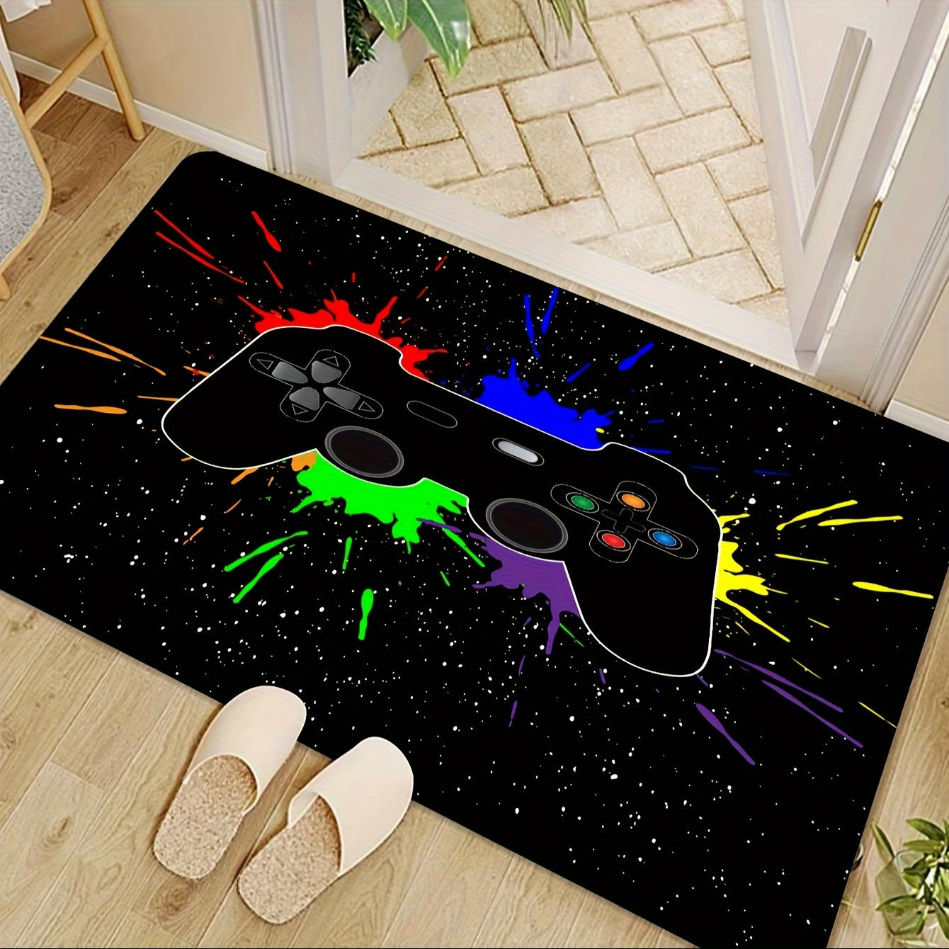 Gaming Area Rug with Gamepad Theme, Washable, Cyberpunk Style for Living Room