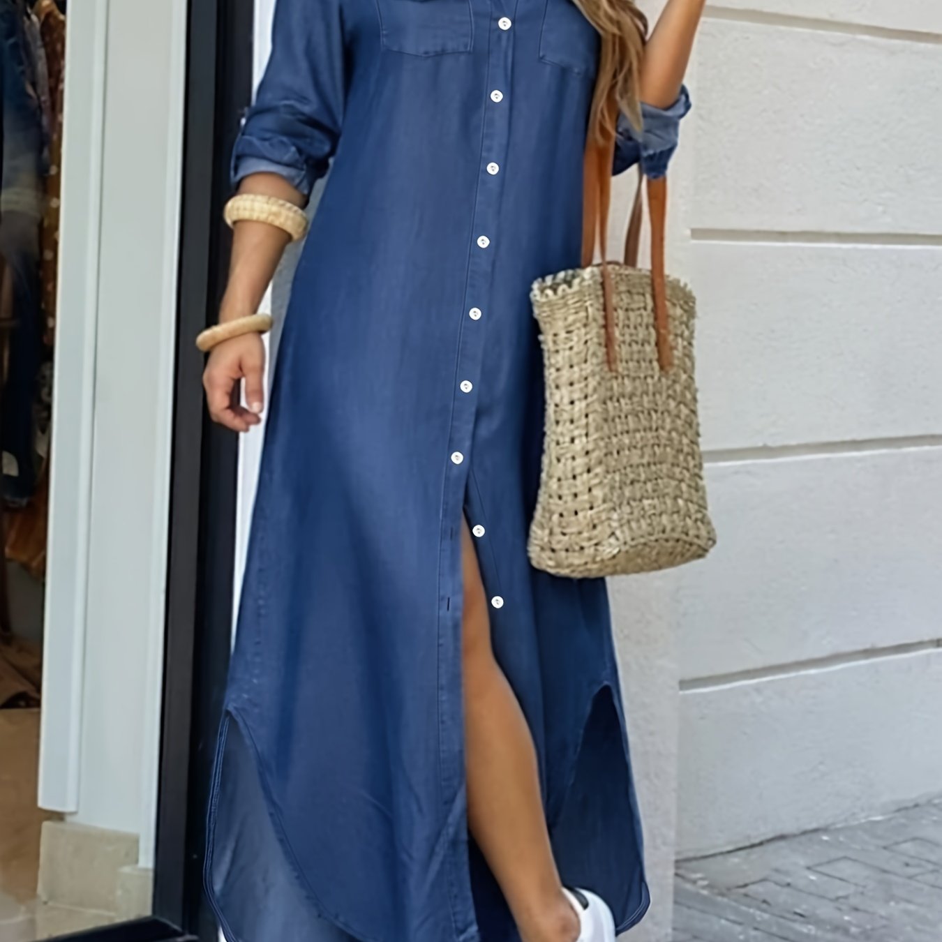 Women's Plus Size Denim Maxi Dress with Button Long Sleeve Turn Down Collar