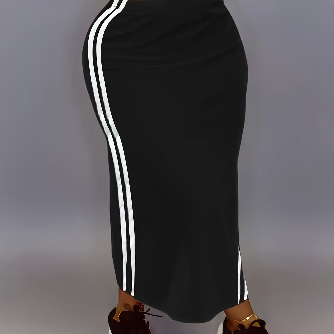 Women's Plus Size Black White Striped High-Waist Midi Skirt Polyester Stretchable