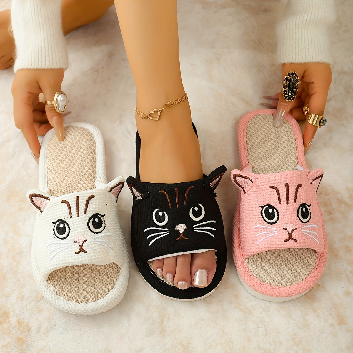 Women's Cat Slippers Open-Toe Pink Cushioned Indoor Outdoor Shoes